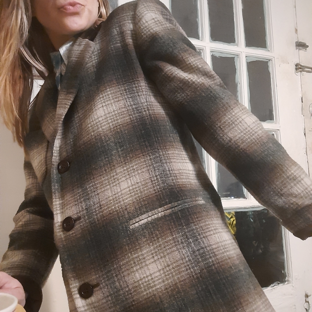 1980's plaid wool blazer w/ suede accents - Picture 1 of 12